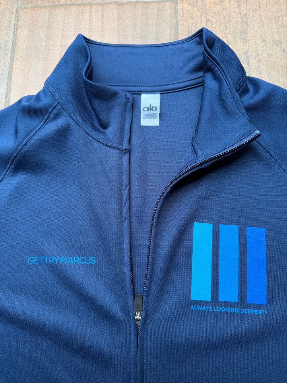 ALO Yoga Navy Performance Zip Jacket with Blue Logo Panels